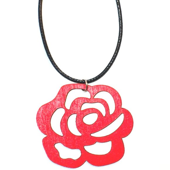 Hand Crafted Jewelry - Red Wooden Rose Pendant Necklace